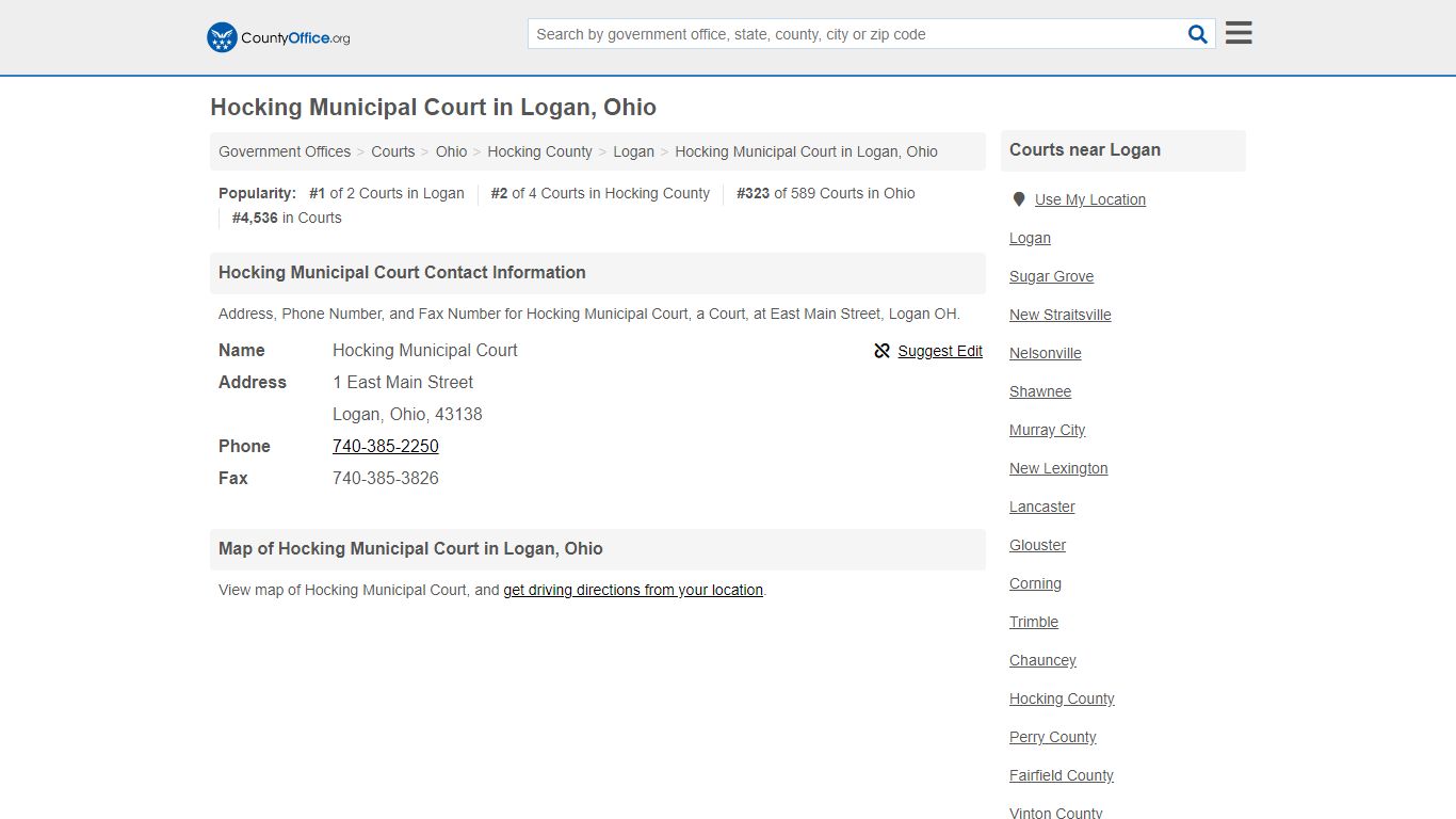 Hocking Municipal Court - Logan, OH (Address, Phone, and Fax)